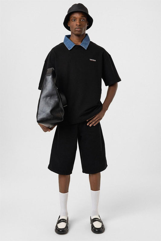 Polo Yaka Yazı Detaylı Oversize Tişört