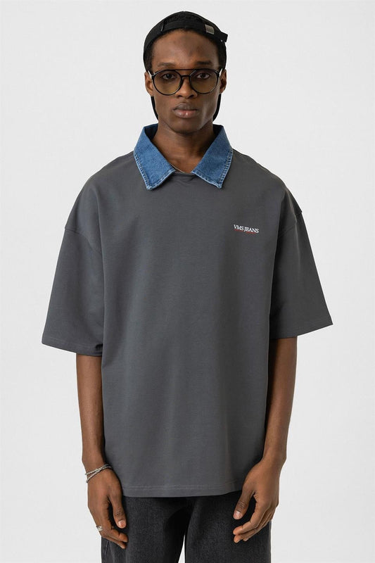 Polo Yaka Yazı Detaylı Oversize Tişört