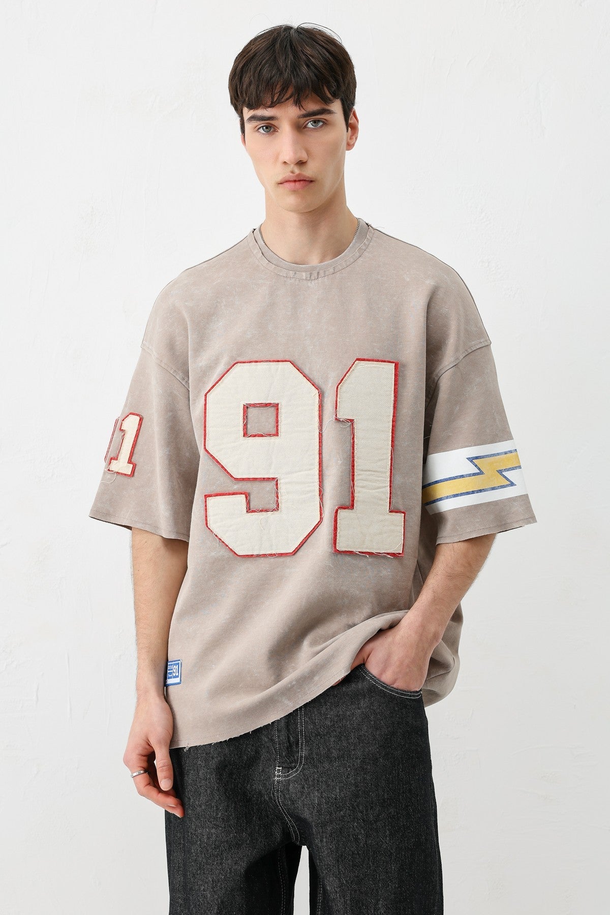 Oversize 91 Baskılı Kol Detaylı Tişört