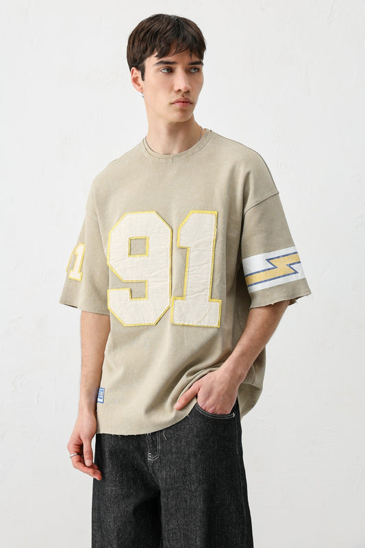 Oversize 91 Baskılı Kol Detaylı Tişört