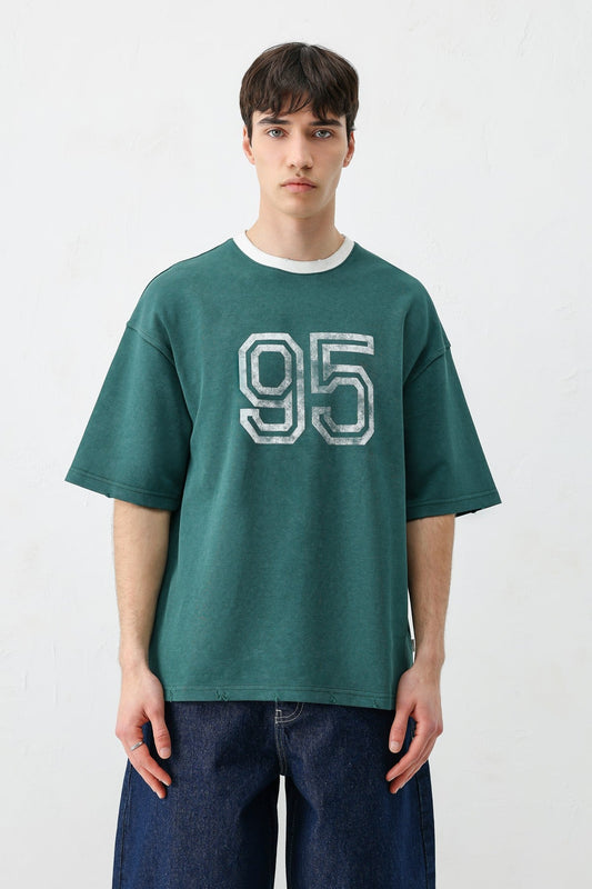 Oversize Bisiklet Yaka 91 Baskılı Tişört