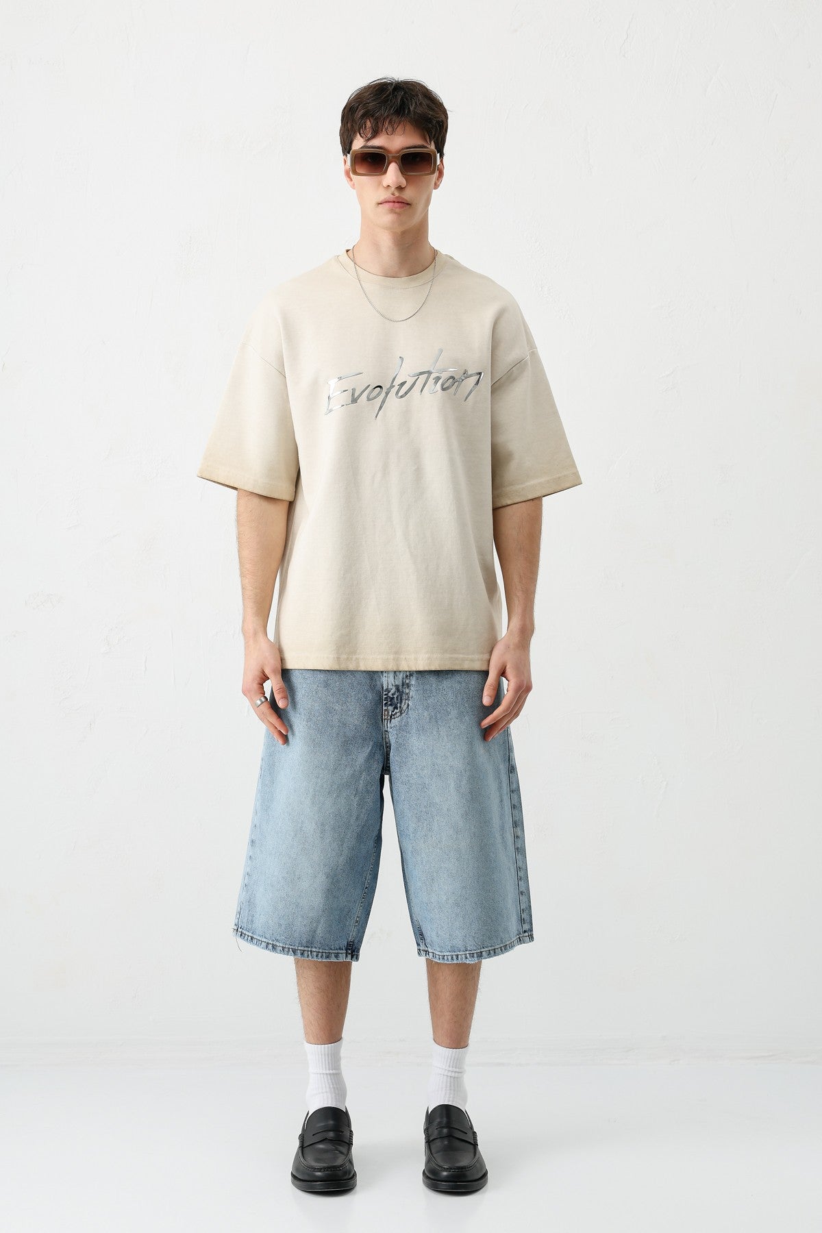Oversize Bisiklet Yaka Baskılı Heavyweight Tişört