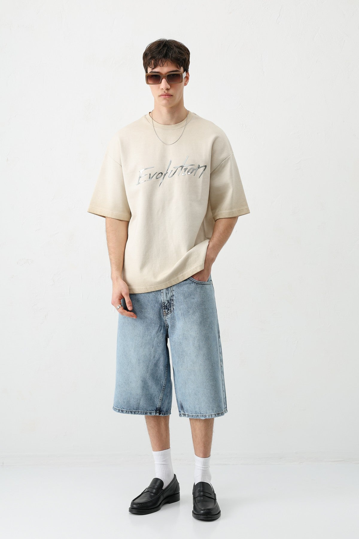 Oversize Bisiklet Yaka Baskılı Heavyweight Tişört