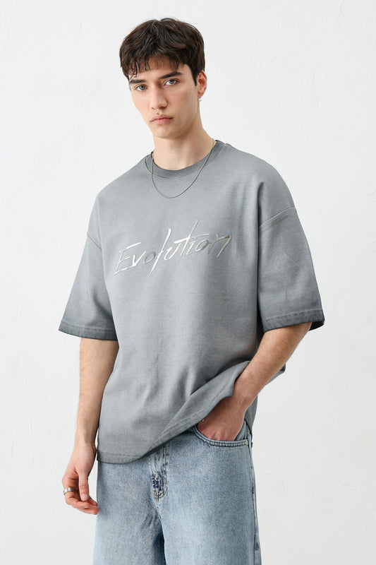 Oversize Bisiklet Yaka Baskılı Heavyweight Tişört