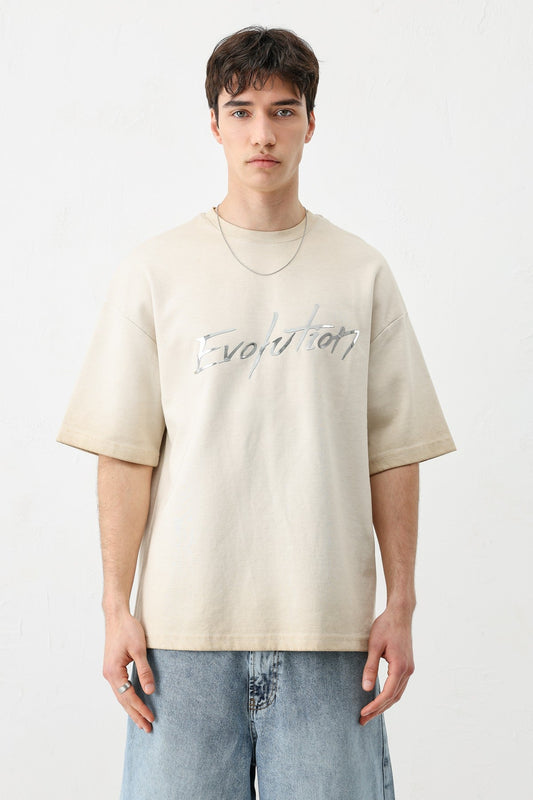 Oversize Bisiklet Yaka Baskılı Heavyweight Tişört