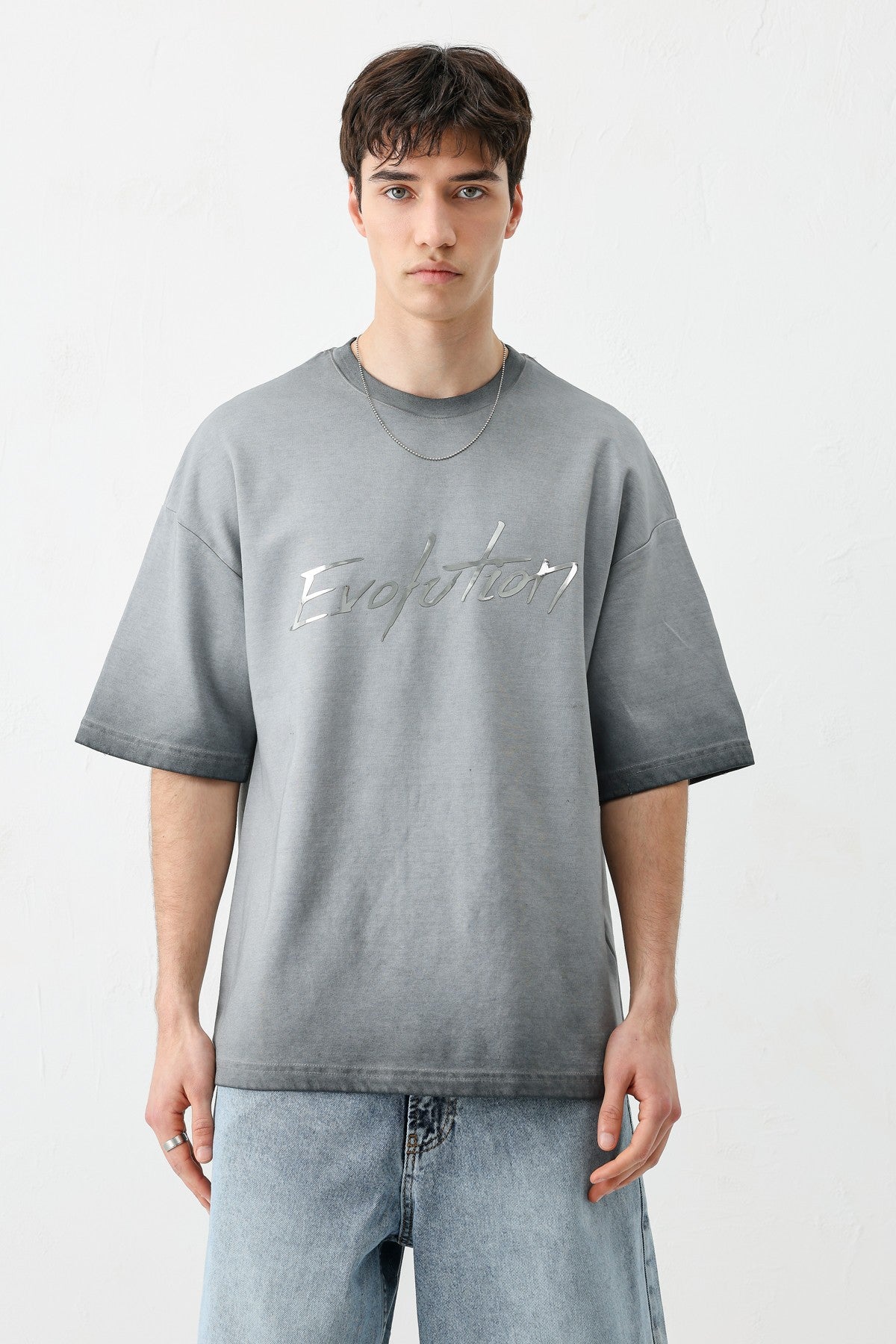 Oversize Bisiklet Yaka Baskılı Heavyweight Tişört
