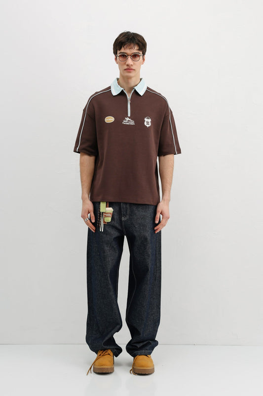 Fermuarlı Yaka Baskılı Oversize Tişört