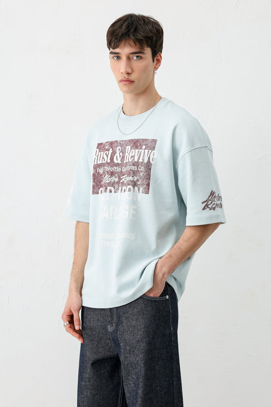 Oversize Baskılı Tişört Bebe Mavi