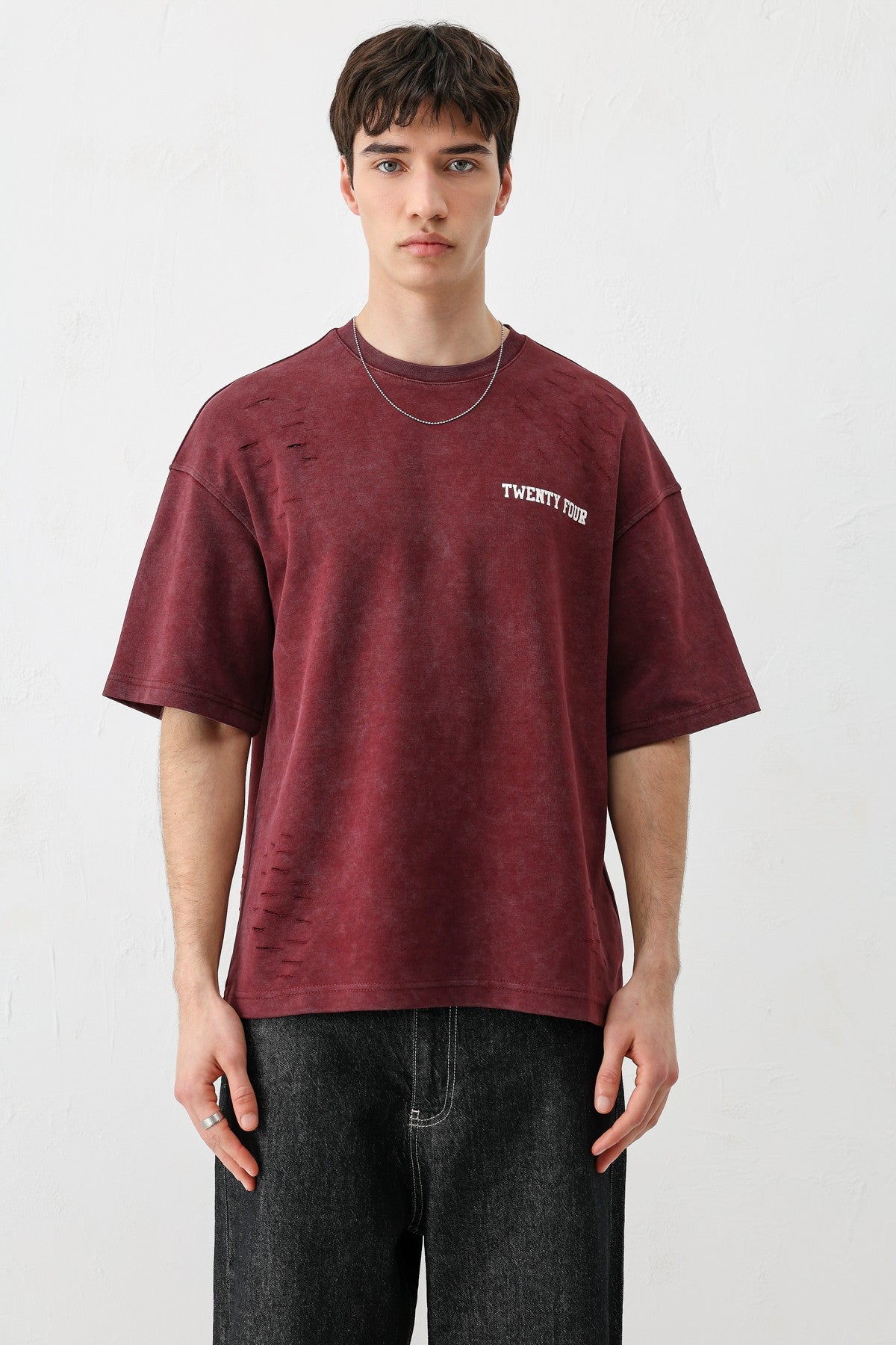Baskılı Oversize Tişört Bordo