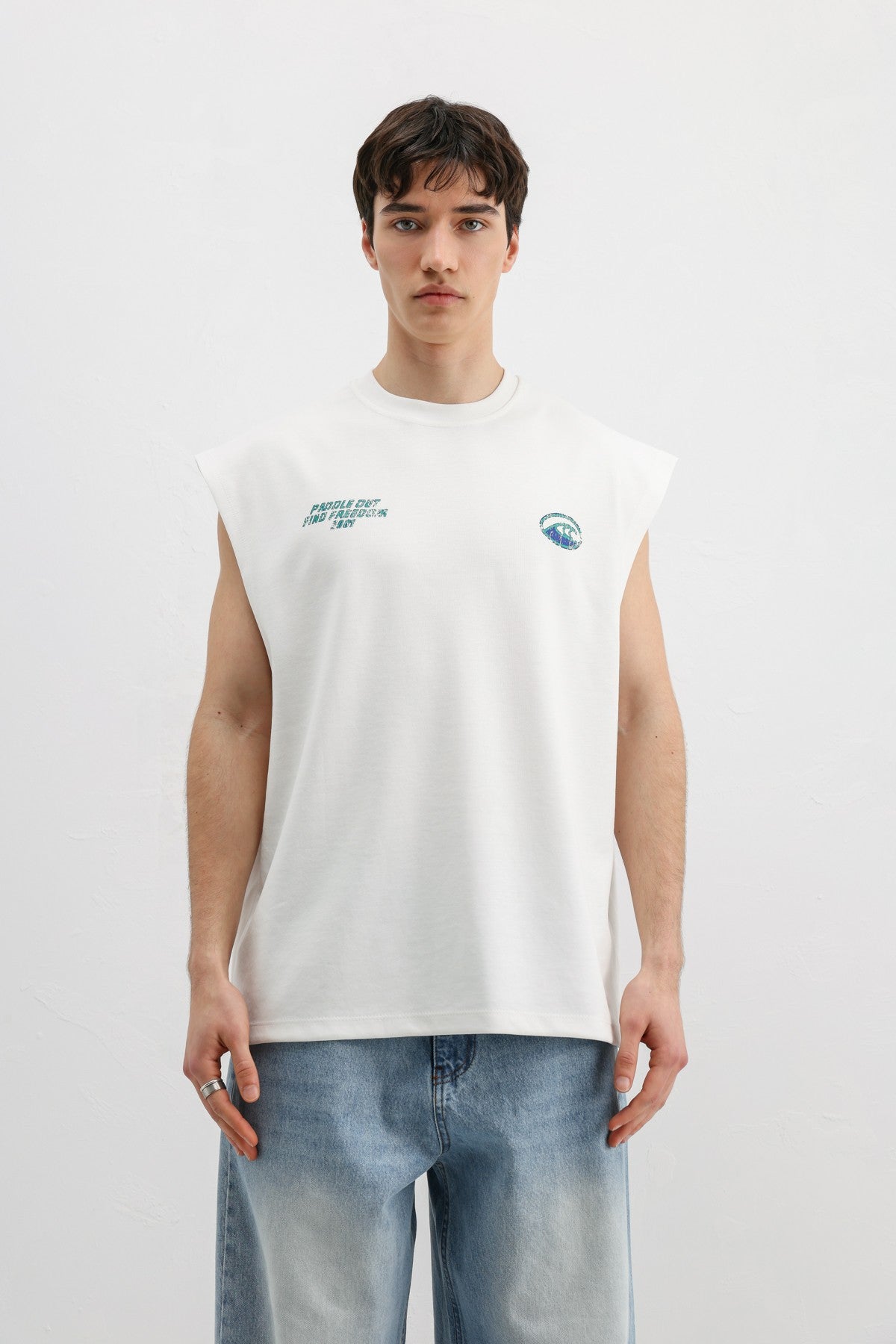 Oversize Baskılı Kolsuz Tişört