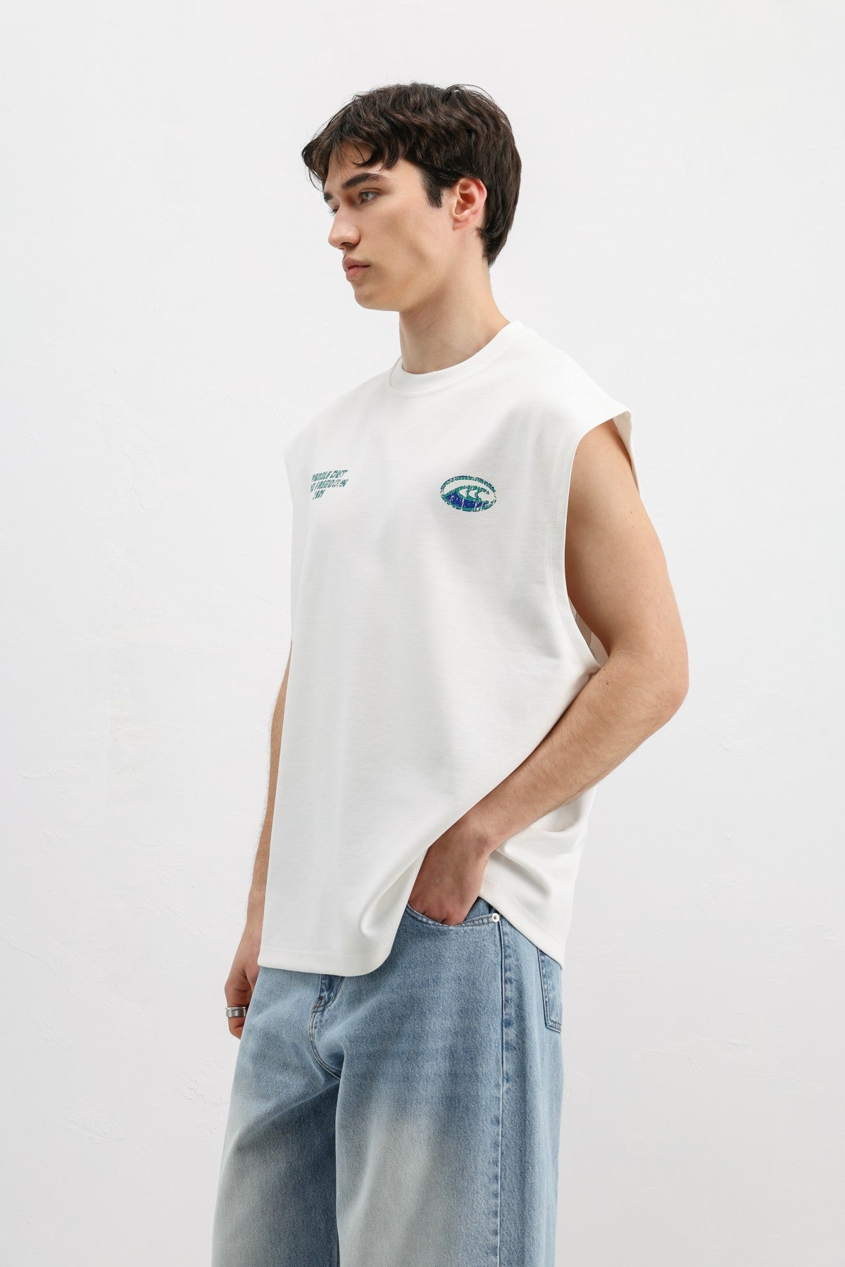 Oversize Baskılı Kolsuz Tişört