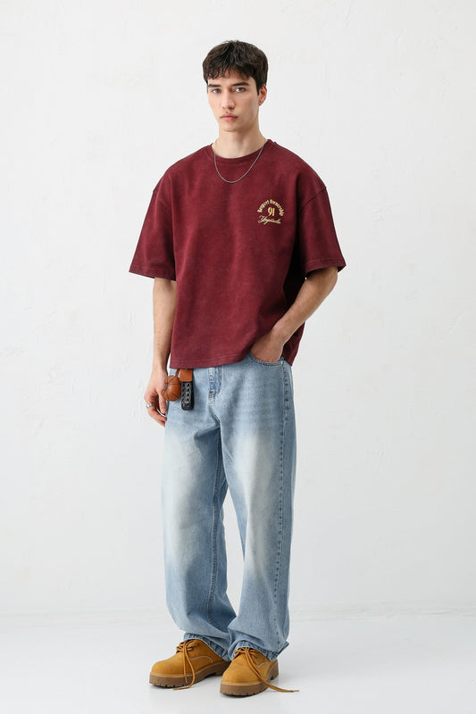 Kısa Kollu Boxy Fit Baskılı Tişört Bordo