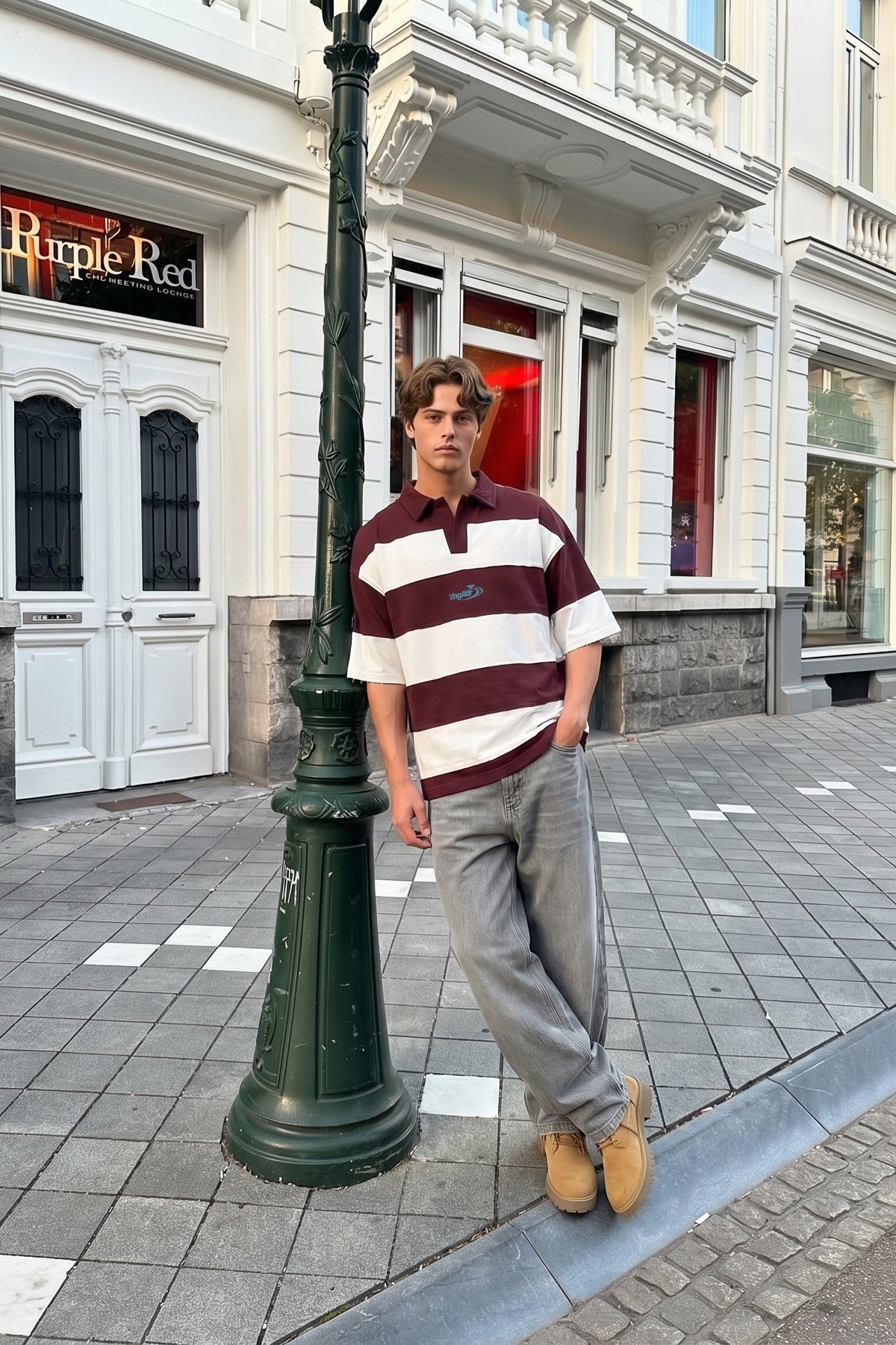 Oversize Rugby Yaka Çizgili Tişört