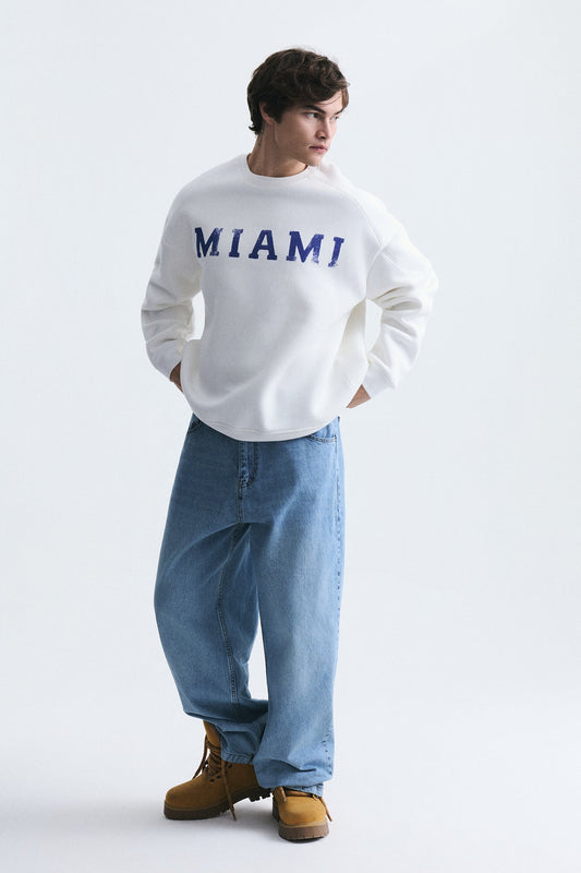Miami Baskılı Bisiklet Yaka Sweatshirt