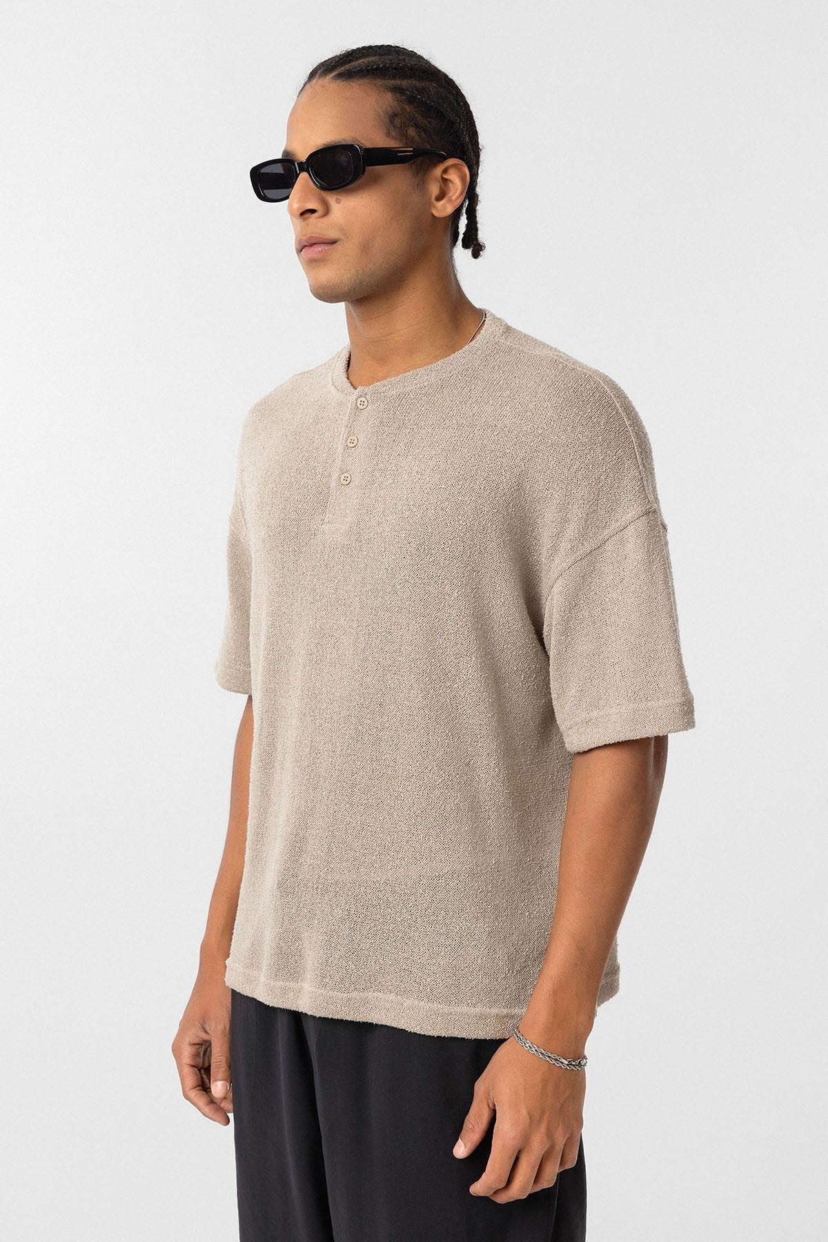Basic Oversize Düğme Yaka Tişört