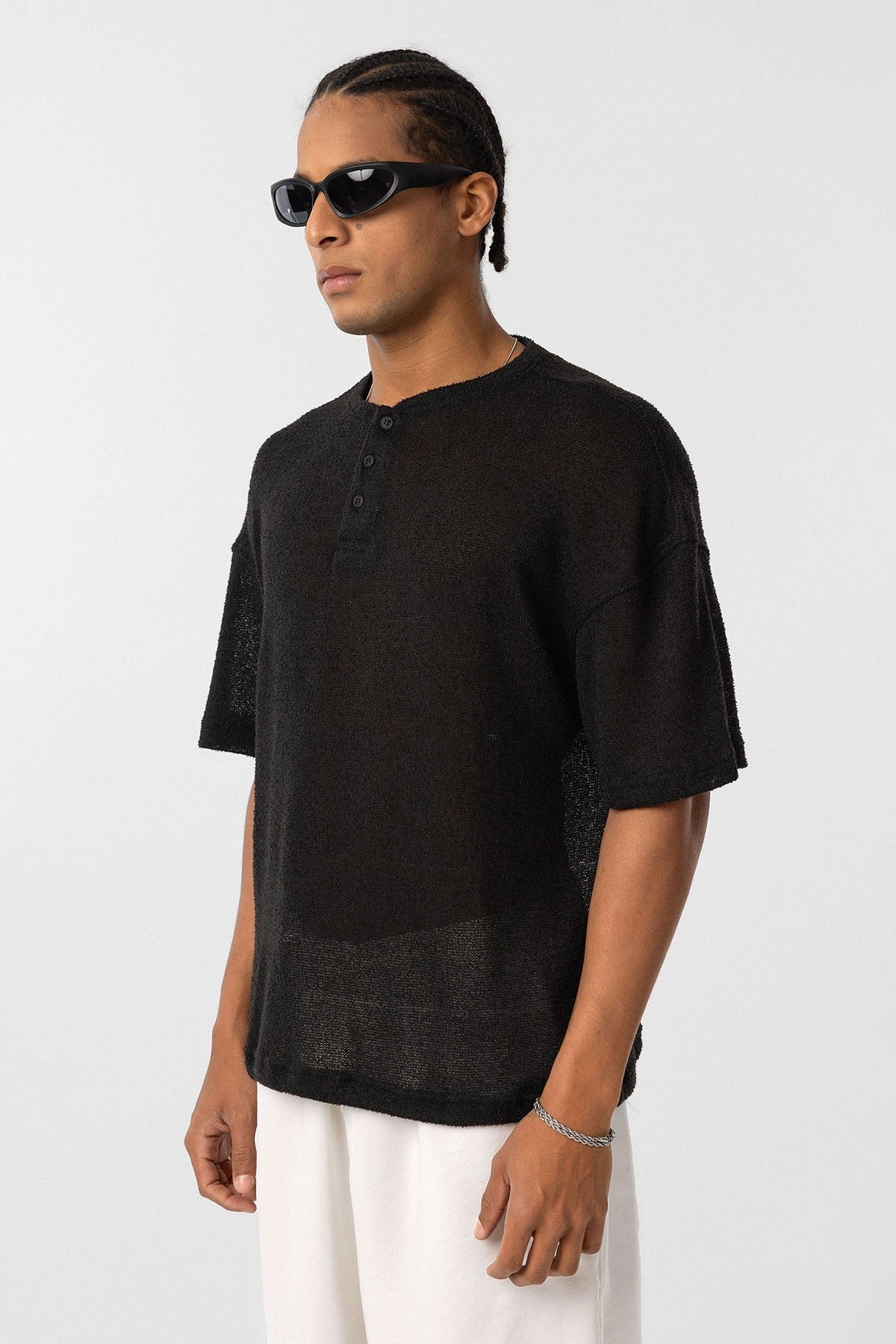 Basic Oversize Düğme Yaka Tişört