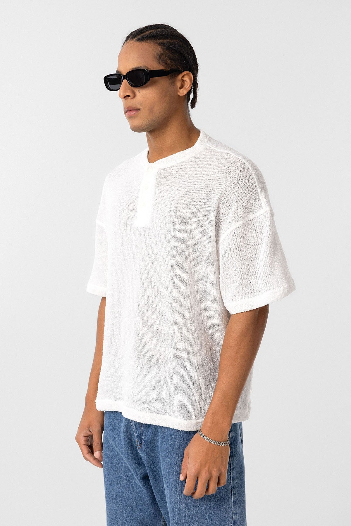 Basic Oversize Düğme Yaka Tişört