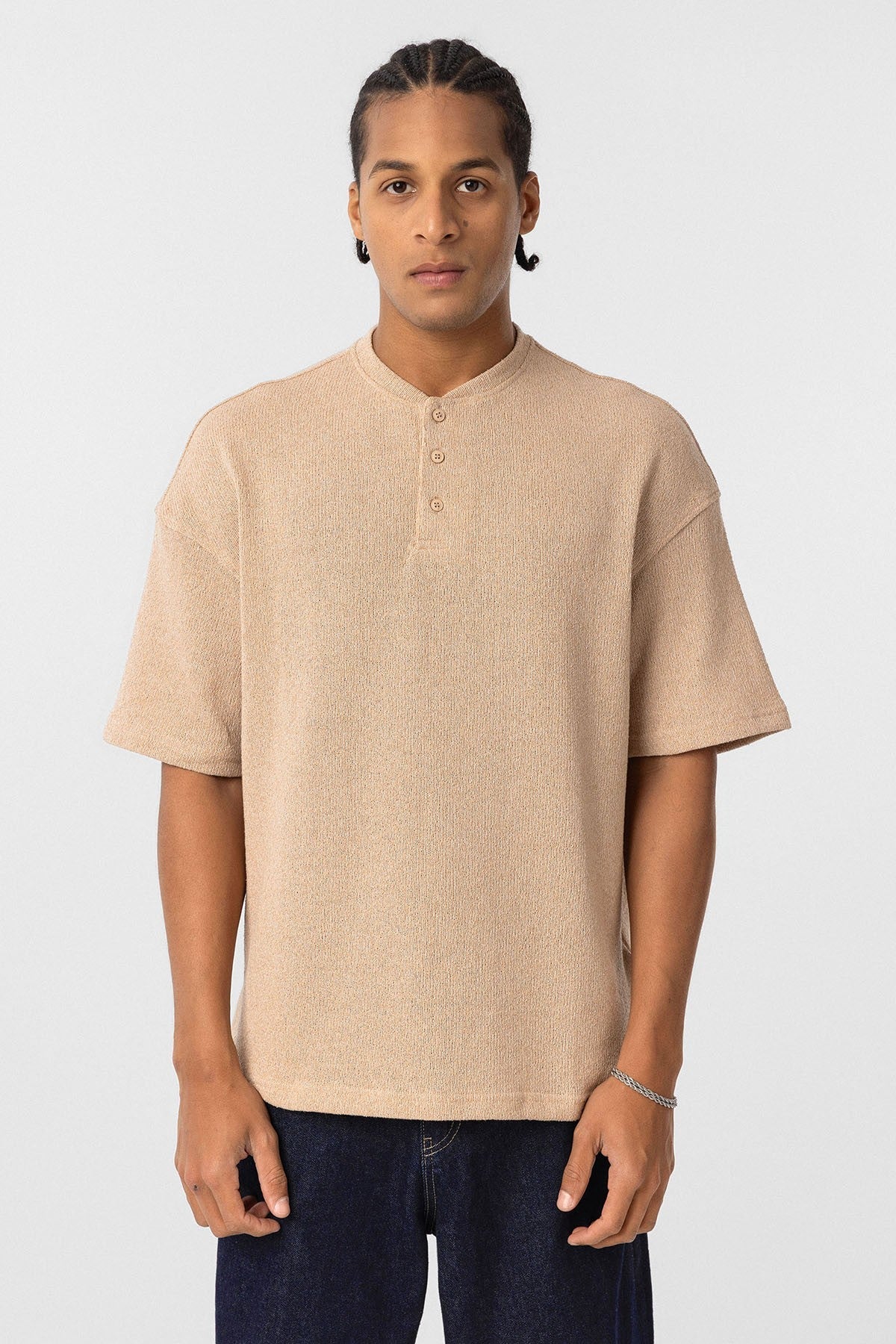 Basic Oversize Düğme Yaka Tişört