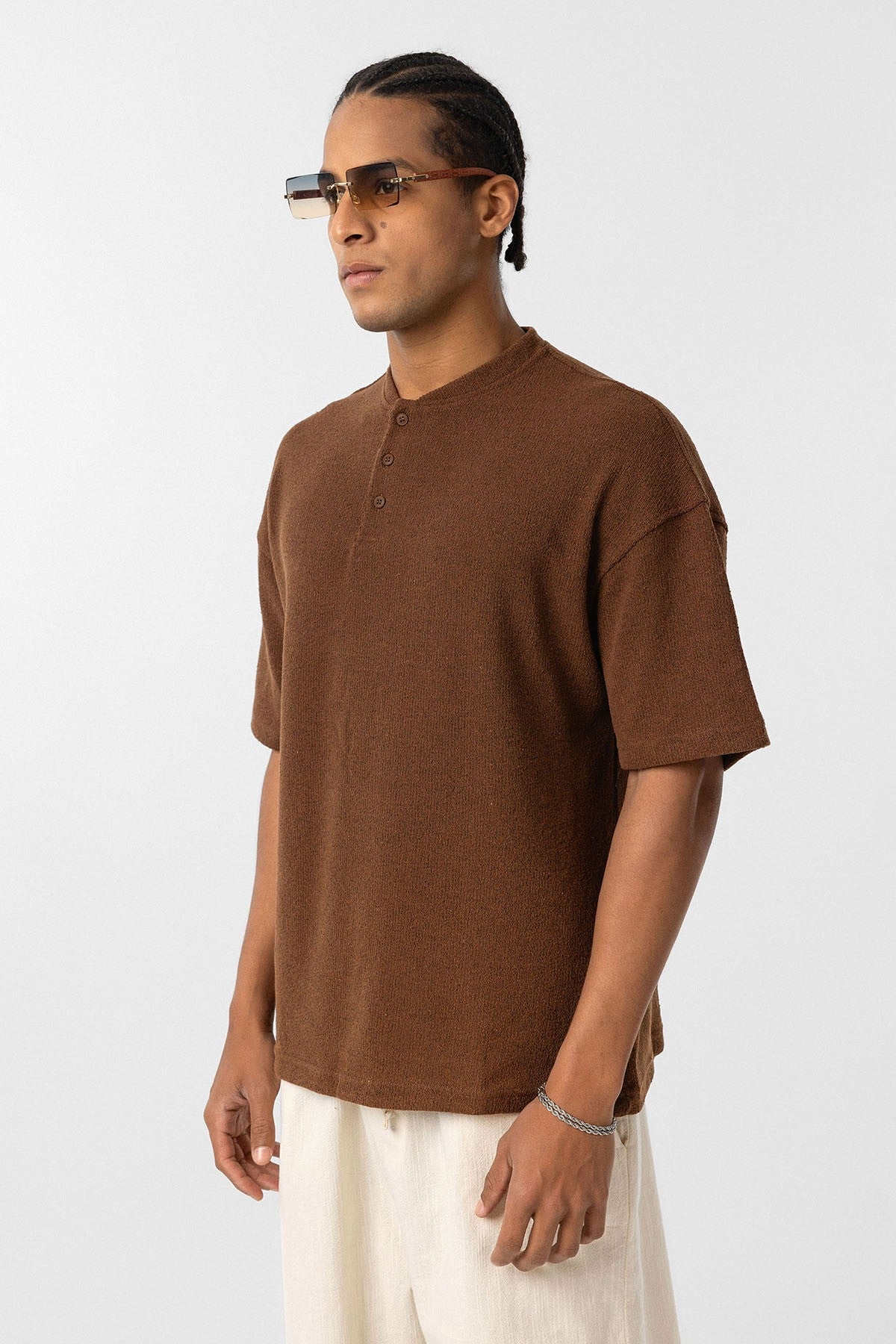 Basic Oversize Düğme Yaka Tişört