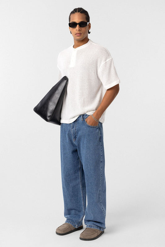 Basic Oversize Düğme Yaka Tişört