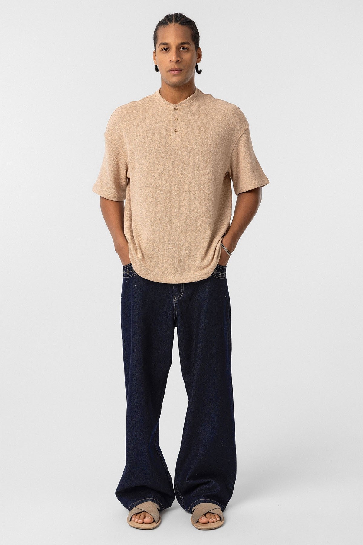 Basic Oversize Düğme Yaka Tişört