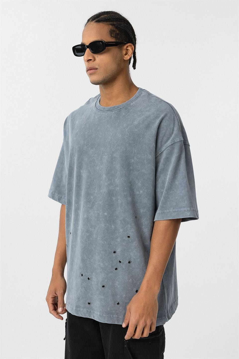 Yıkamalı Metal Detaylı Oversize Tişört