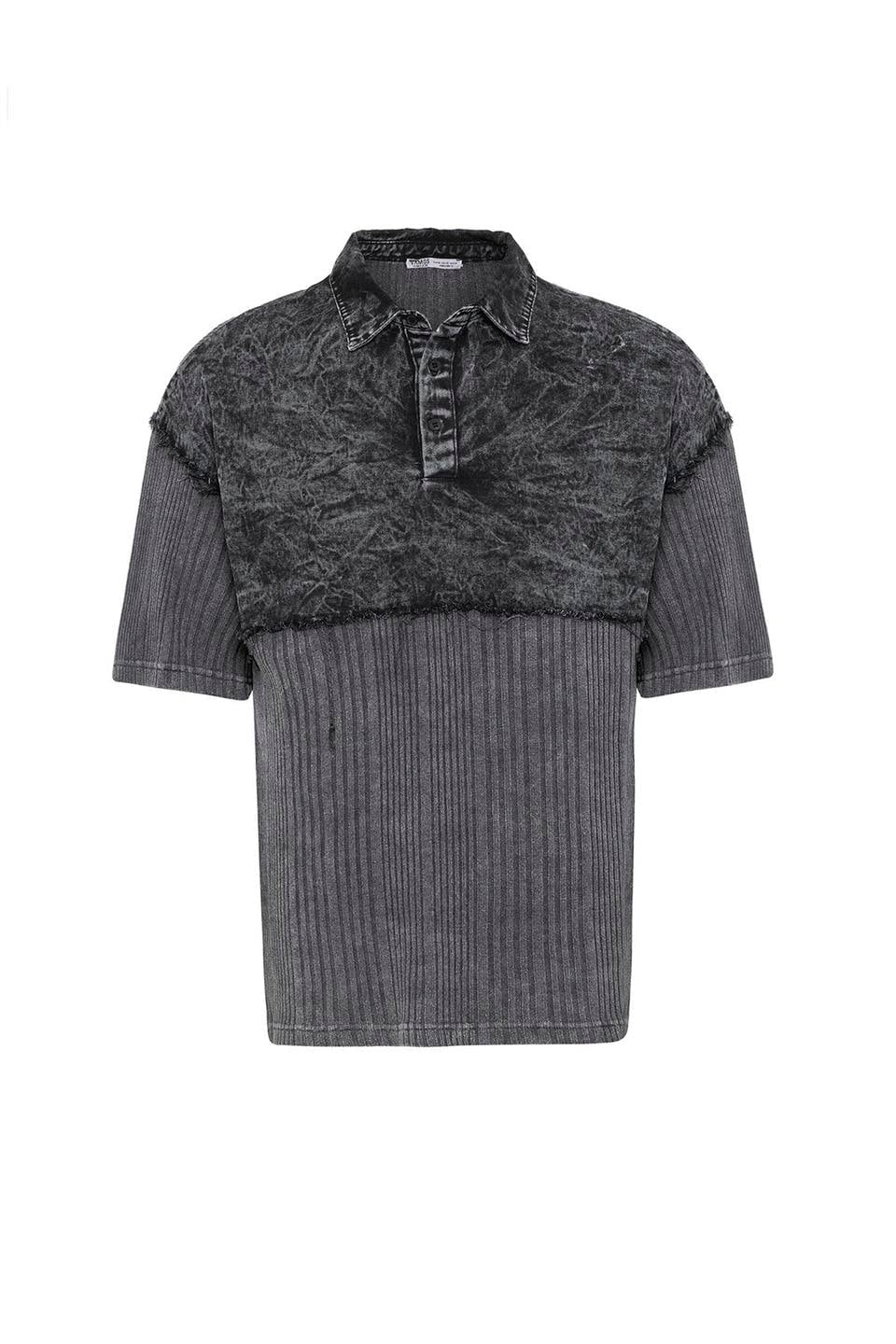 Yıkamalı Triko Oversize Polo Yaka Tişört Siyah
