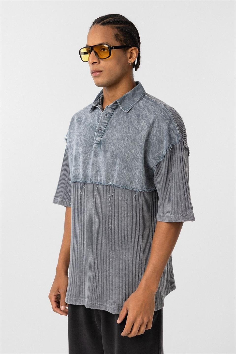 Yıkamalı Triko Oversize Polo Yaka Tişört