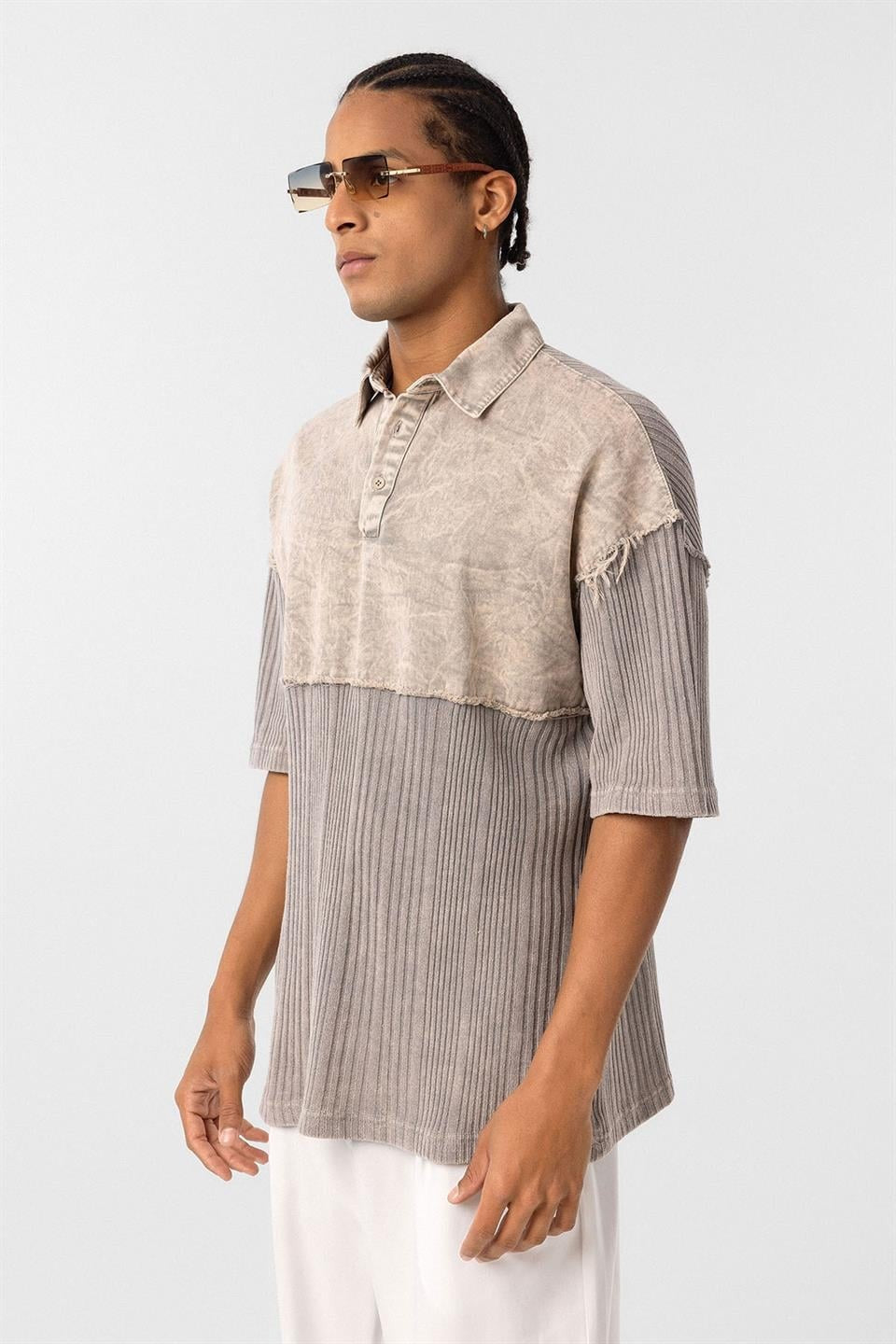Yıkamalı Triko Oversize Polo Yaka Tişört