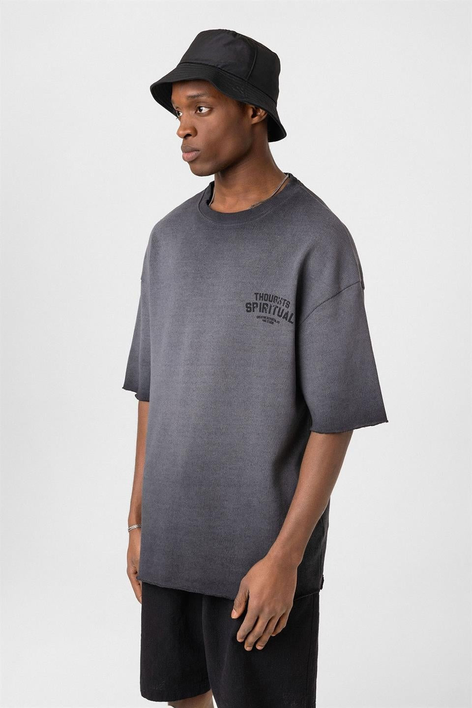 Oversize Yıkamalı Baskılı Triko Tişört