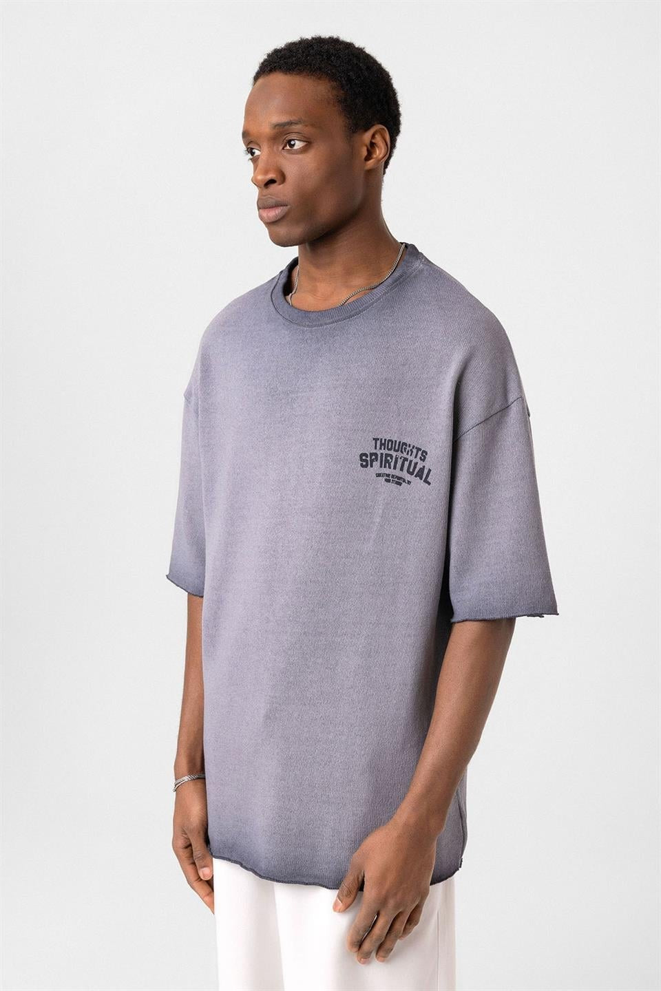 Oversize Yıkamalı Baskılı Triko Tişört
