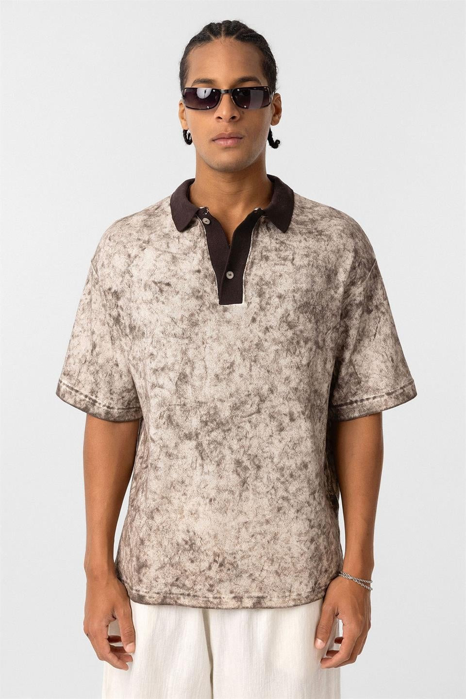Yıkamalı Triko Oversize Polo Yaka Tişört