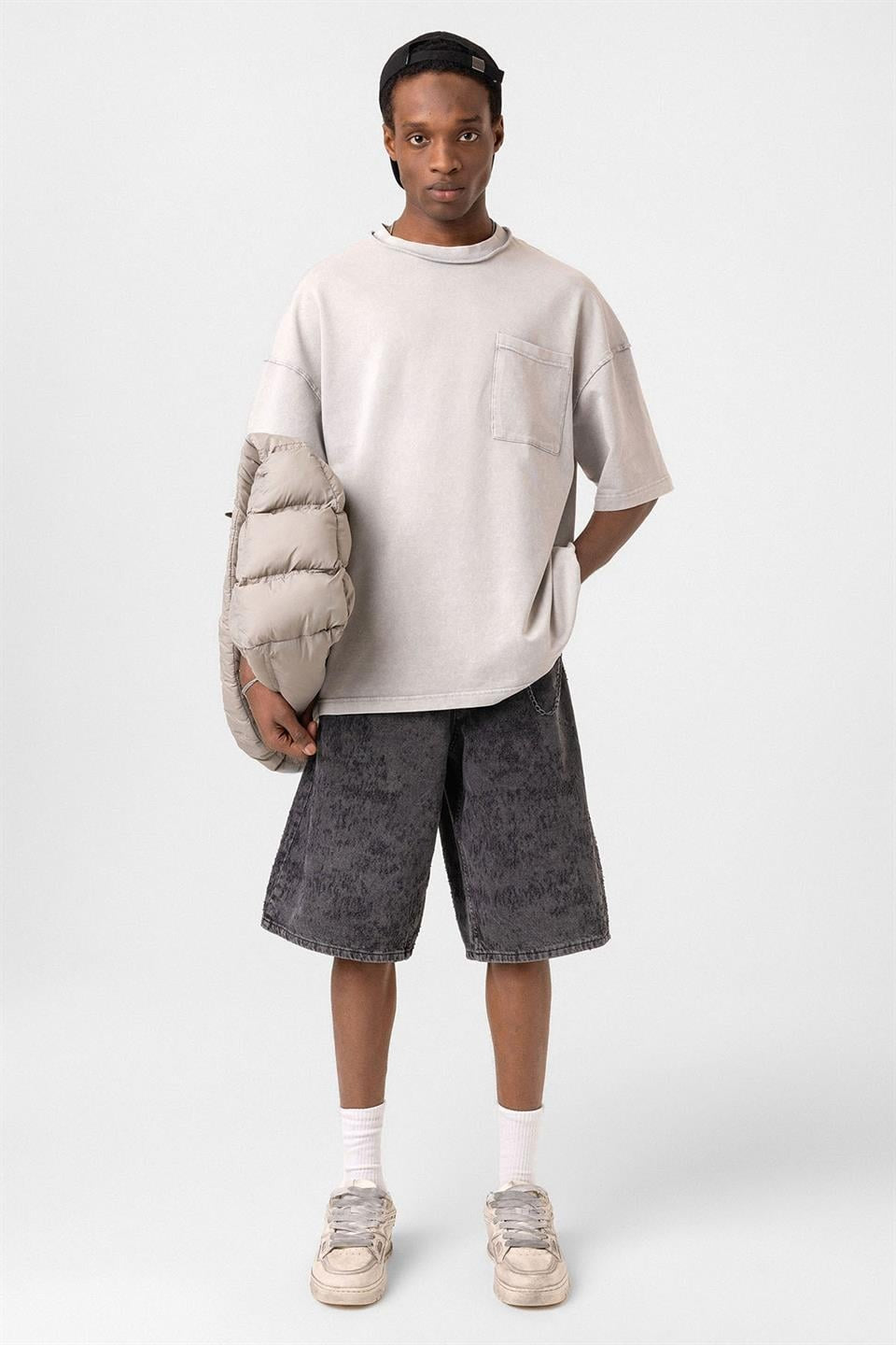Yıkamalı Oversize Cepli Tişört