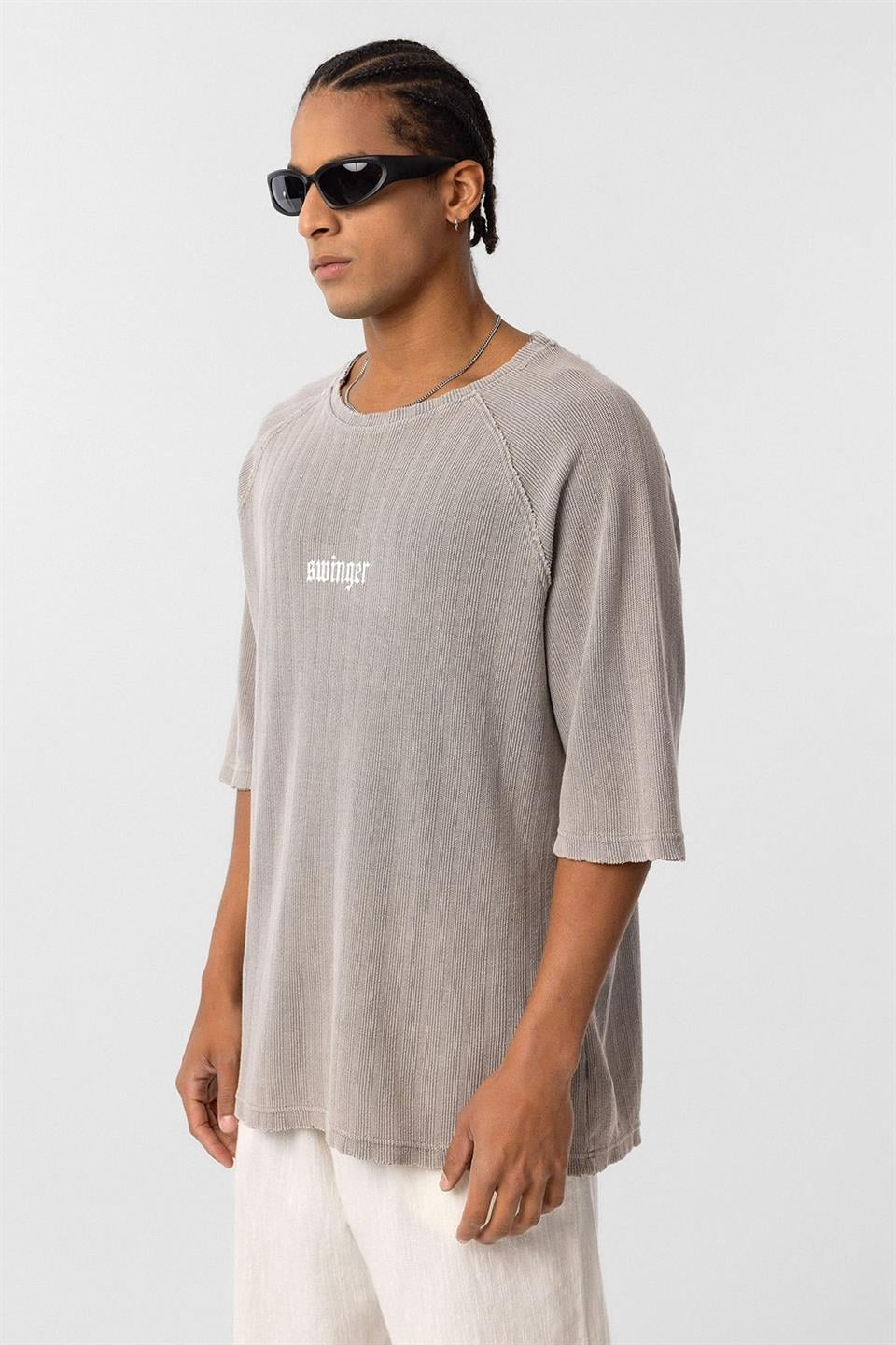 Yıkamalı Oversize Baskılı Triko Tişört
