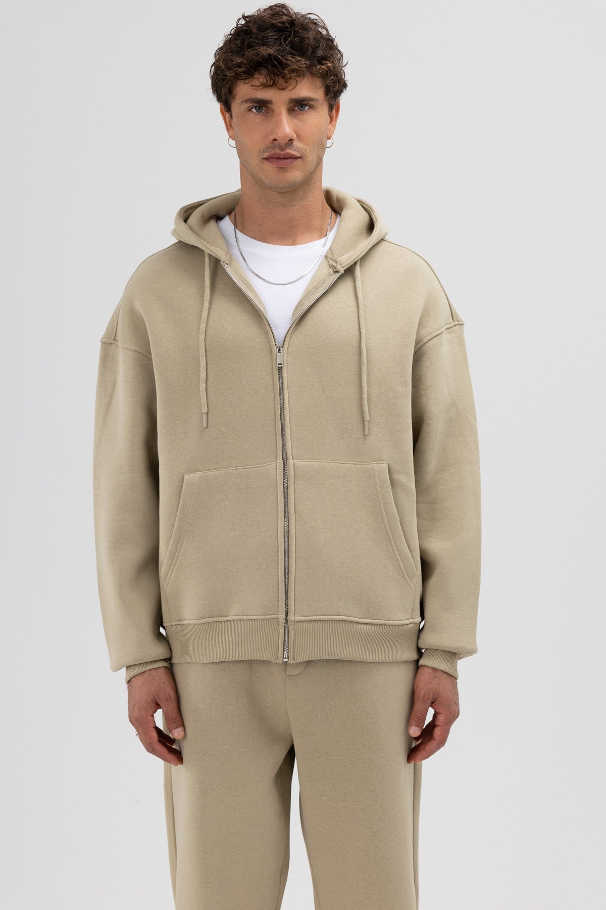 Basic Fermuarlı Oversize Kapüşonlu Sweatshirt