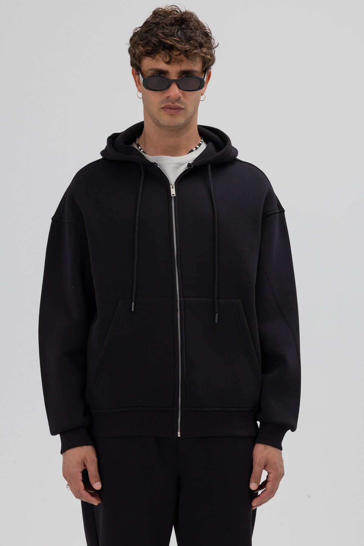 Basic Fermuarlı Oversize Kapüşonlu Sweatshirt