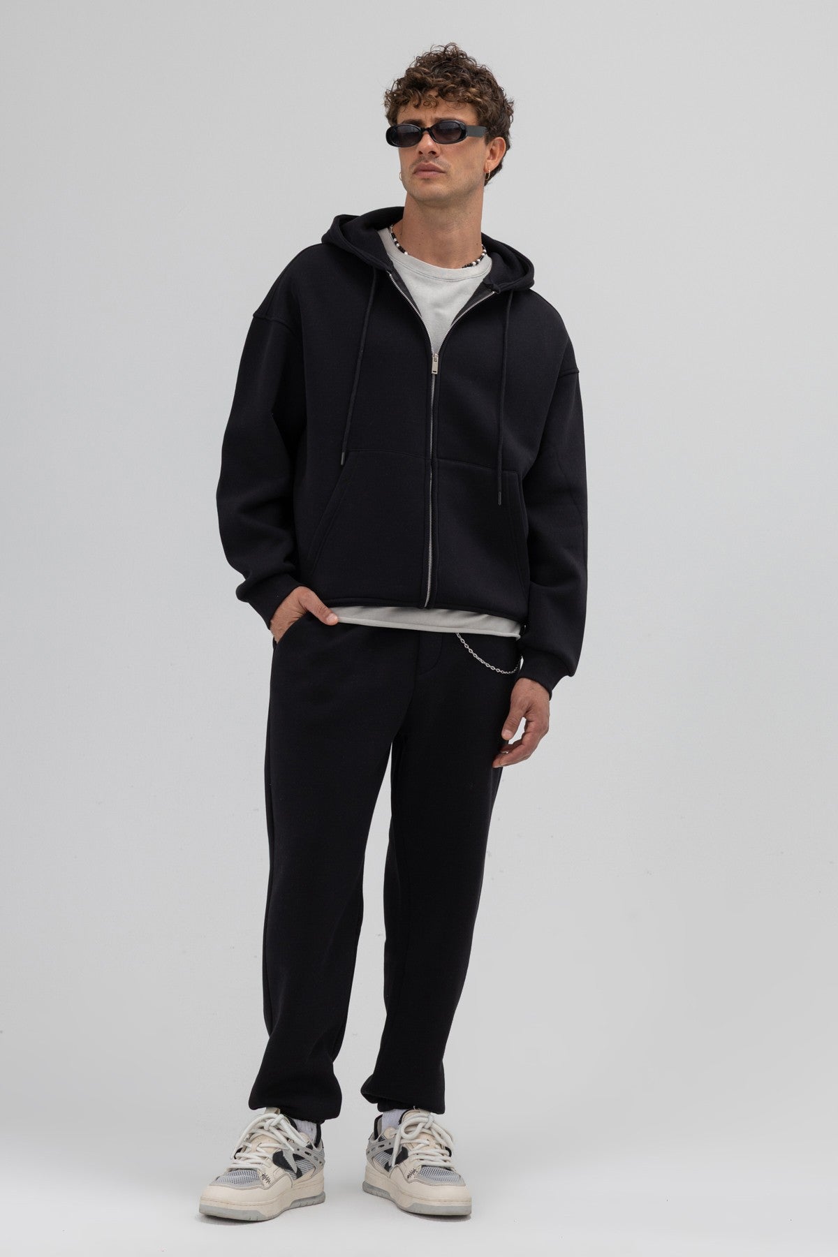 Basic Fermuarlı Oversize Kapüşonlu Sweatshirt