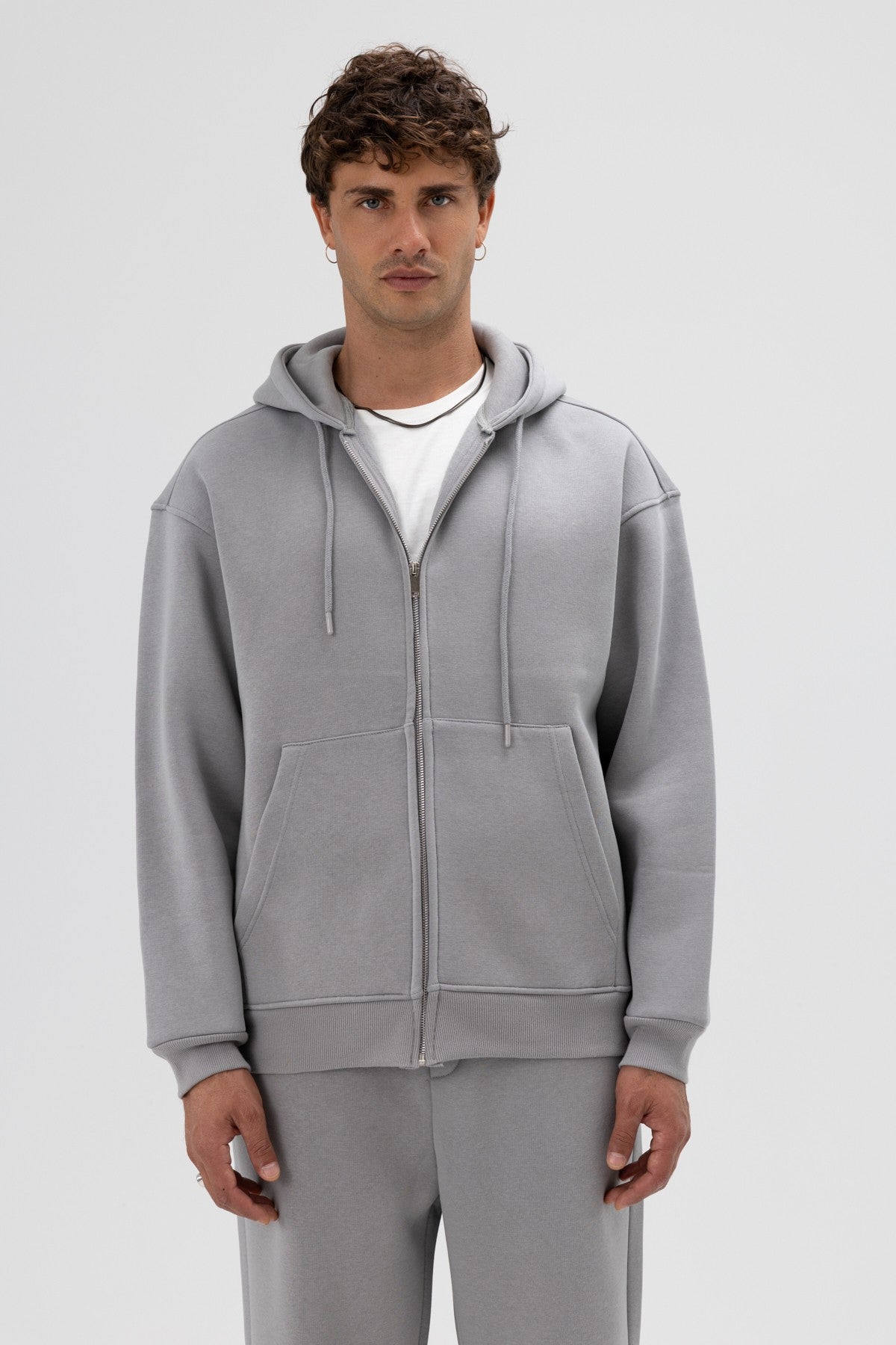 Basic Fermuarlı Oversize Kapüşonlu Sweatshirt