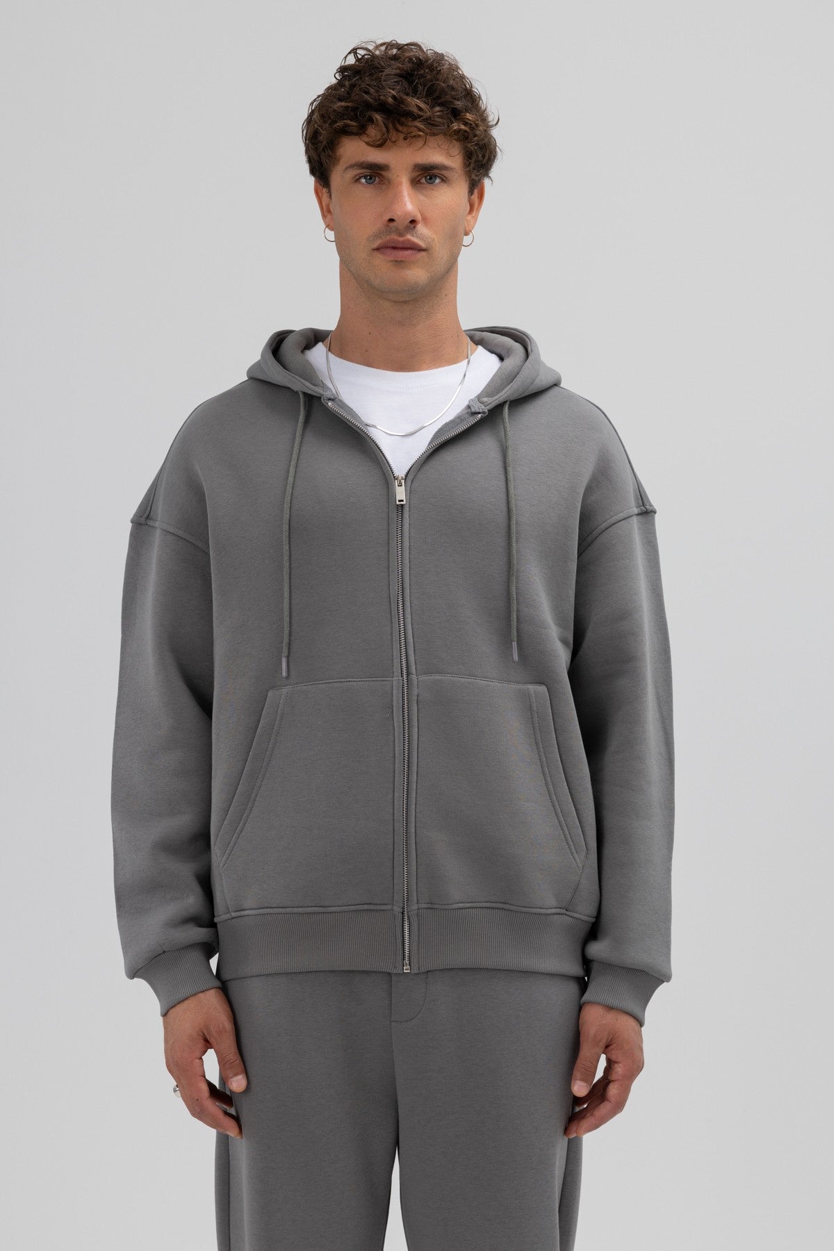 Basic Fermuarlı Oversize Kapüşonlu Sweatshirt