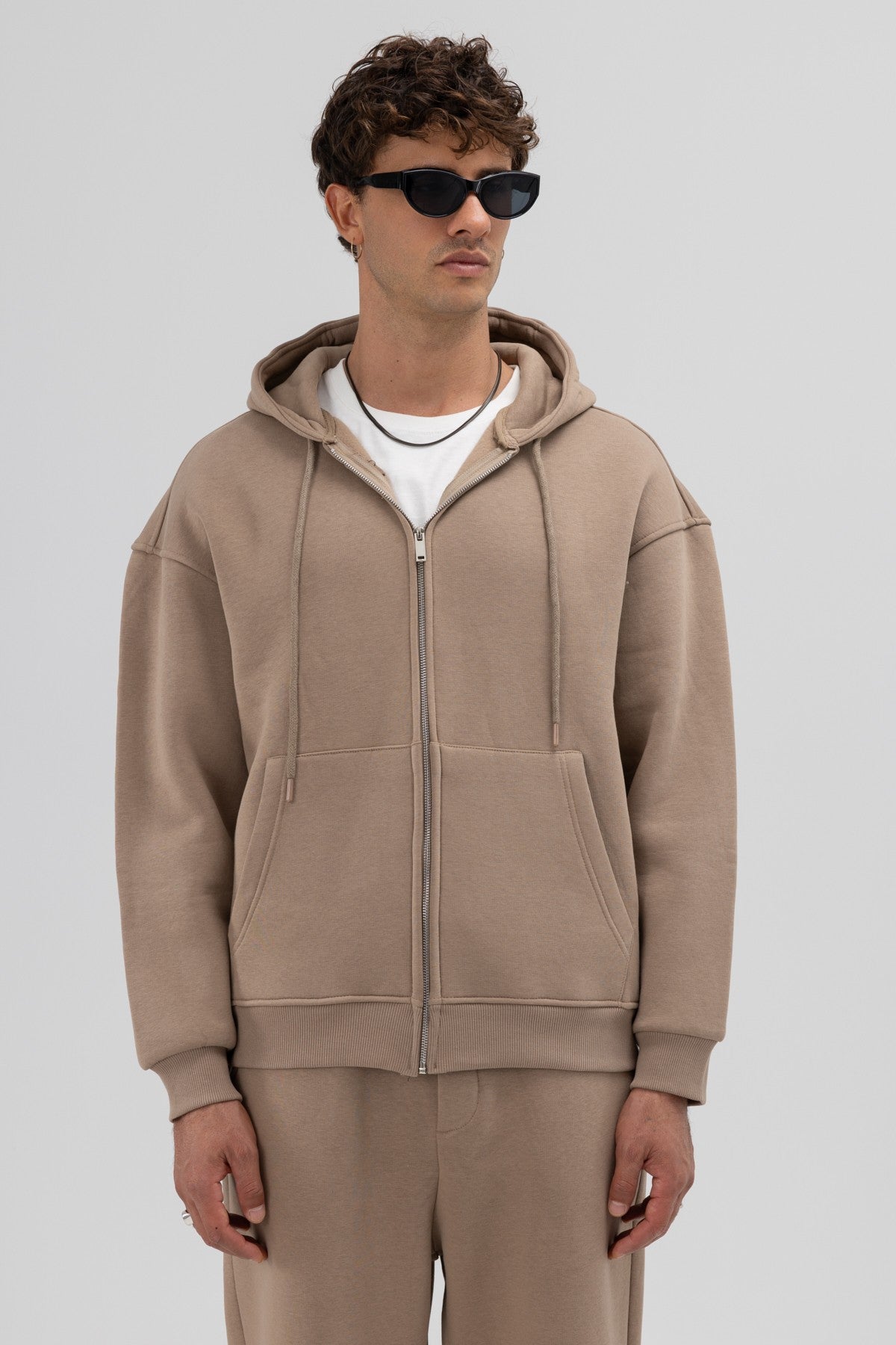 Basic Fermuarlı Oversize Kapüşonlu Sweatshirt