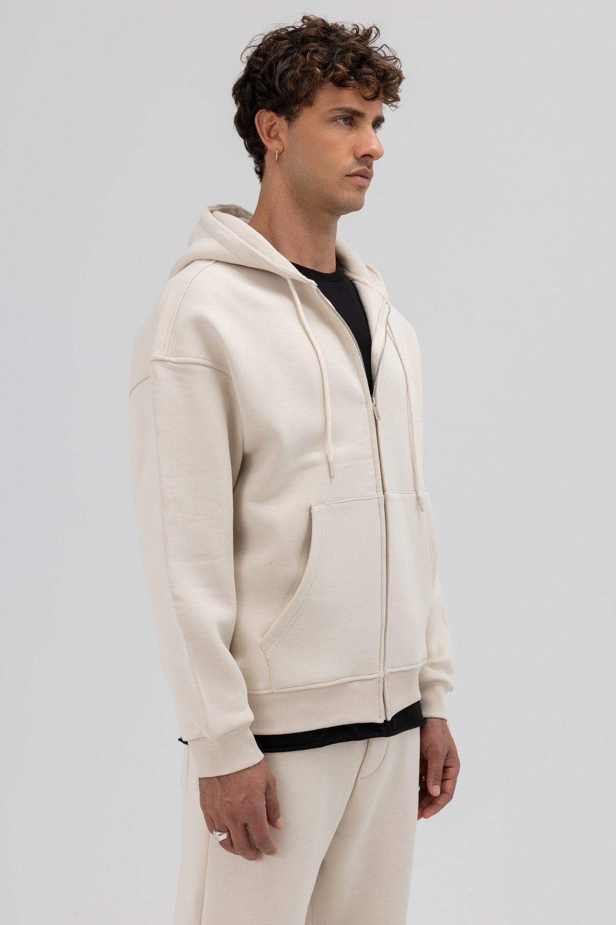 Basic Fermuarlı Oversize Kapüşonlu Sweatshirt