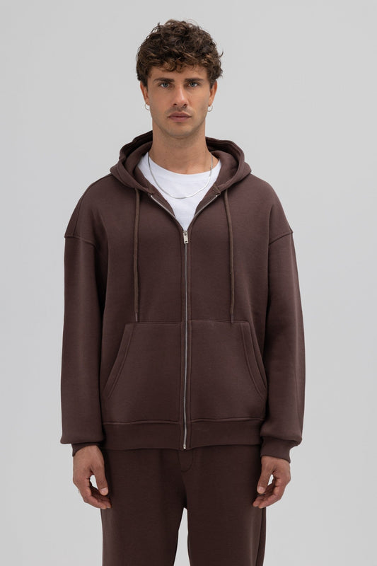 Basic Fermuarlı Oversize Kapüşonlu Sweatshirt
