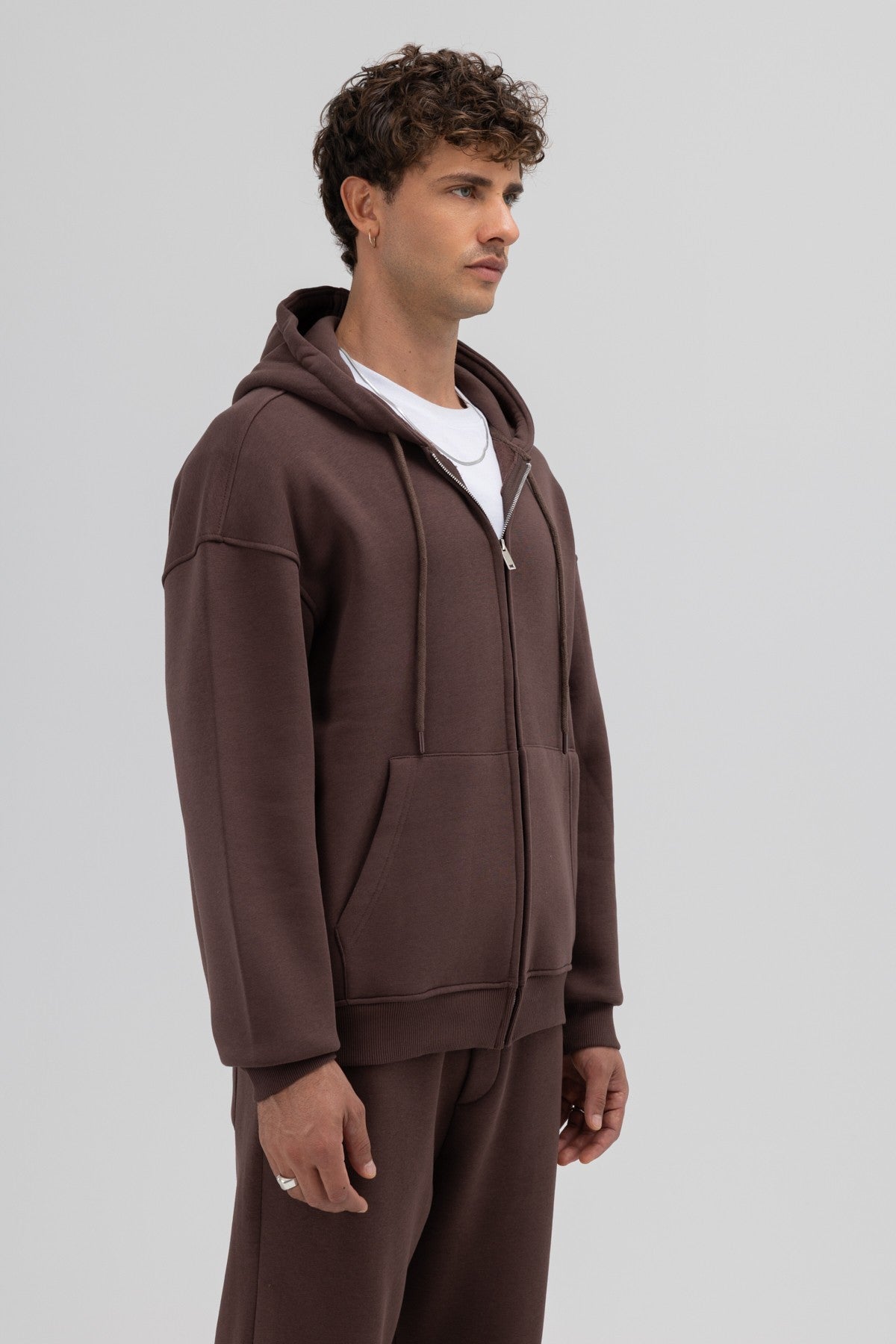 Basic Fermuarlı Oversize Kapüşonlu Sweatshirt