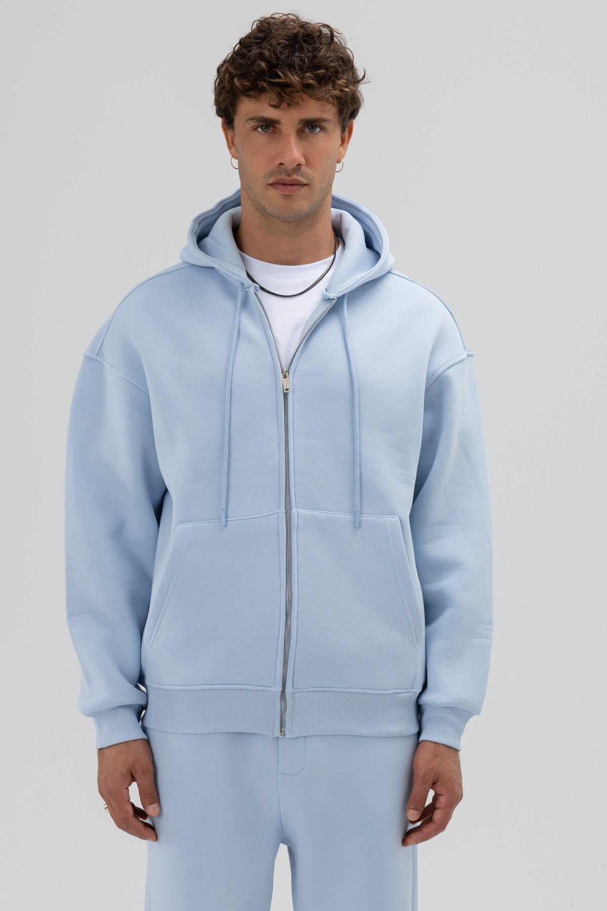 Basic Fermuarlı Oversize Kapüşonlu Sweatshirt