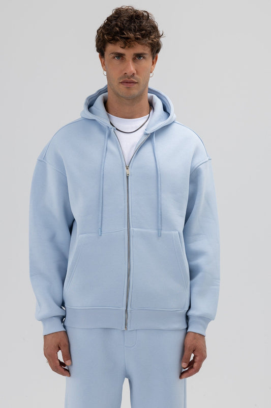 Basic Fermuarlı Oversize Kapüşonlu Sweatshirt
