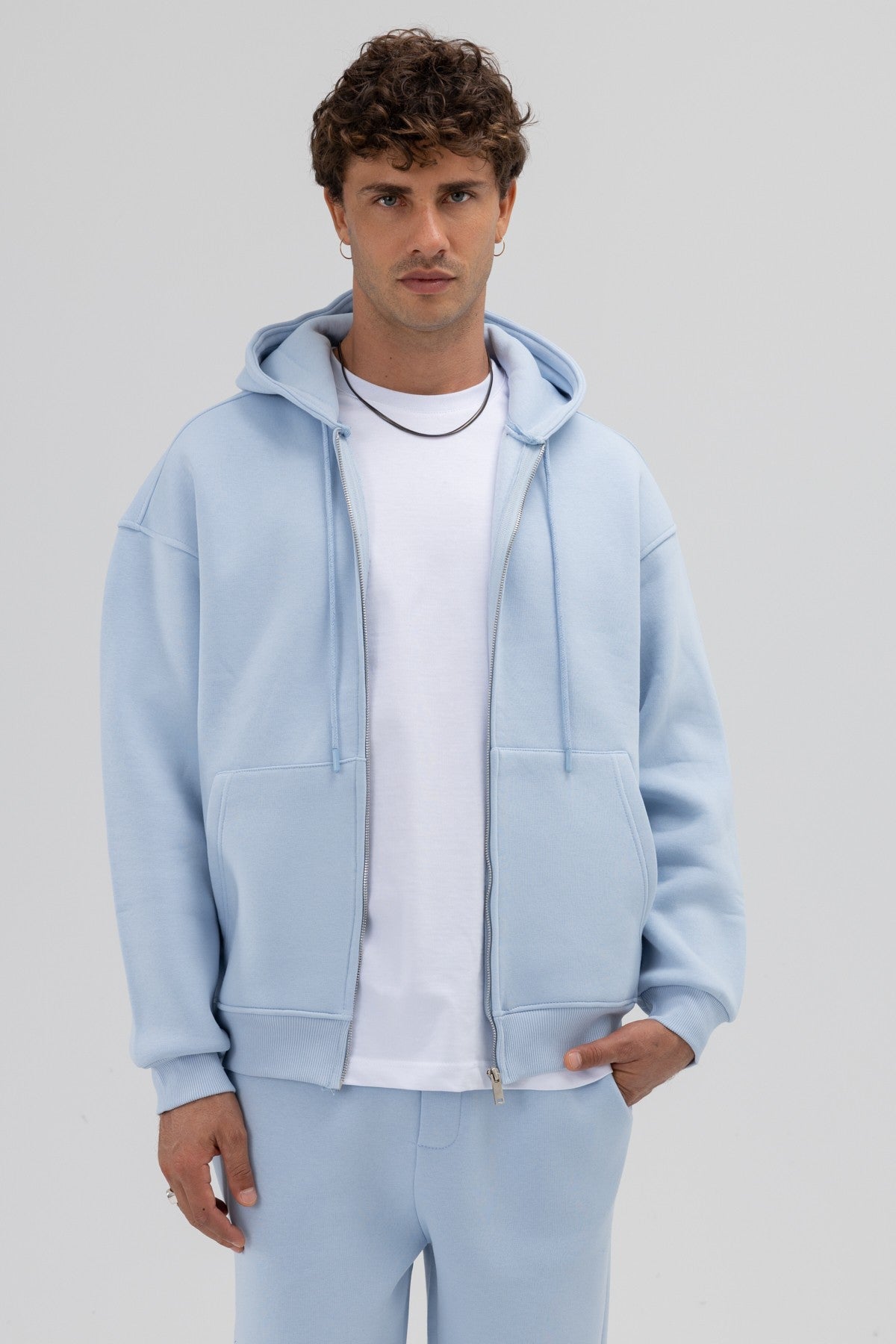 Basic Fermuarlı Oversize Kapüşonlu Sweatshirt