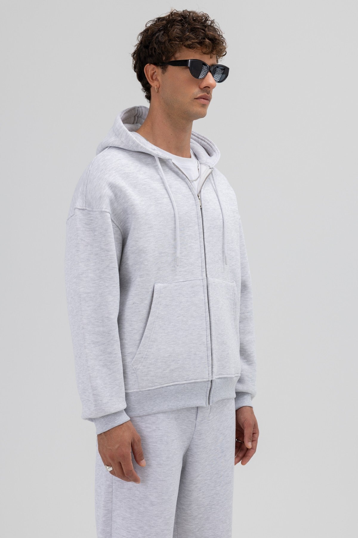Basic Fermuarlı Oversize Kapüşonlu Sweatshirt