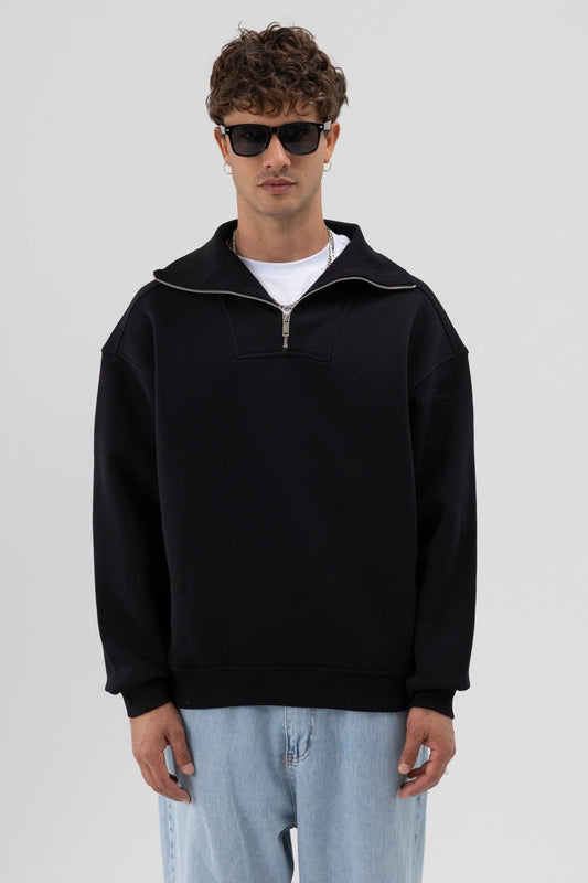 Basic Fermuarlı Dik Yaka Sweatshirt