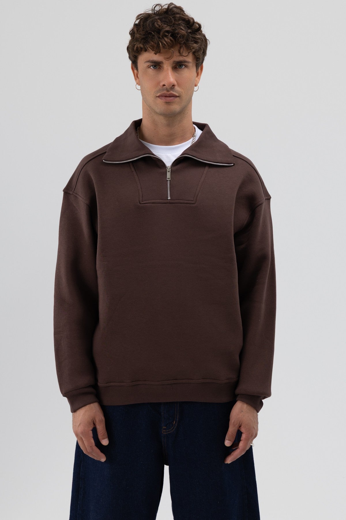 Basic Fermuarlı Dik Yaka Sweatshirt