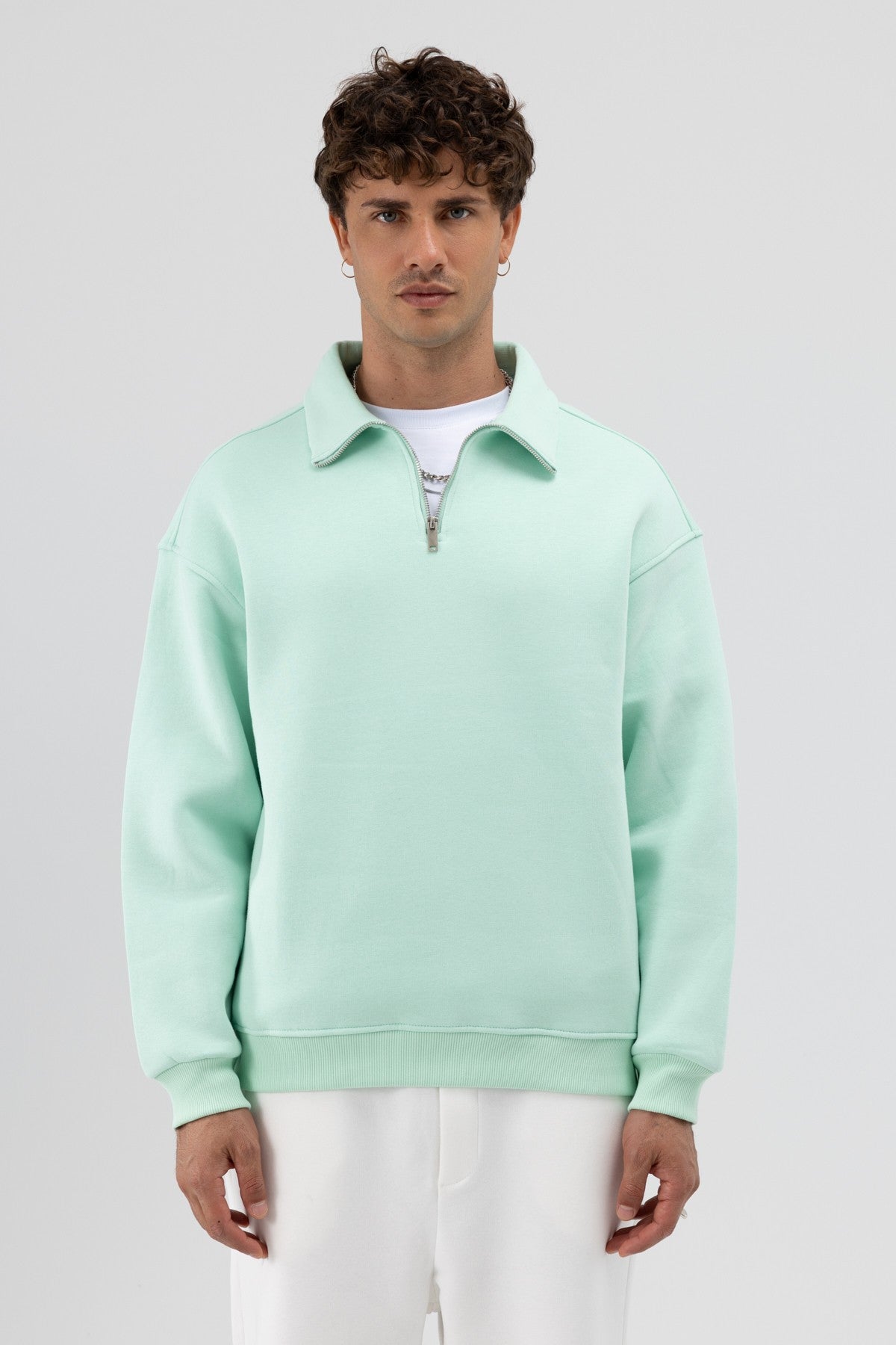 Oversize Fermuarlı Dik Yaka Sweatshirt